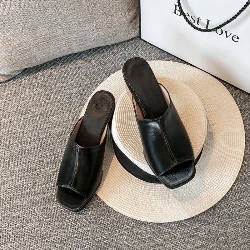 Wooden Block Heel Slipper - Black