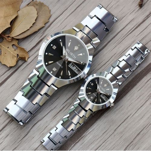 Silver Band Black Dial Quartz Watches For Couples