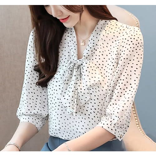 Tie Neck Dotted Blouse- White