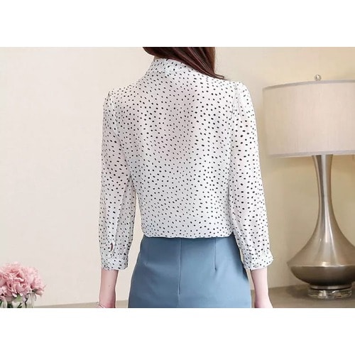 Tie Neck Dotted Blouse- White