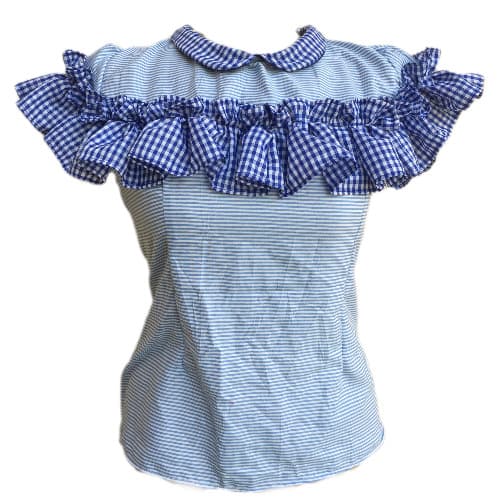 Ladies Stripe Top With Plaid Check Ruffles And Collar - Blue And White
