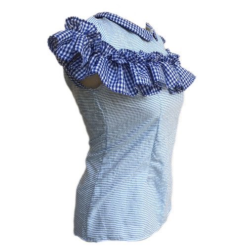Ladies Stripe Top With Plaid Check Ruffles And Collar - Blue And White