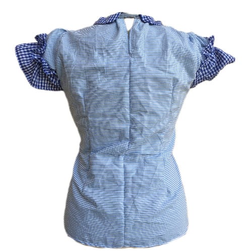 Ladies Stripe Top With Plaid Check Ruffles And Collar - Blue And White