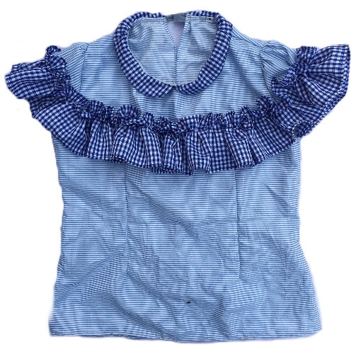 Ladies Stripe Top With Plaid Check Ruffles And Collar - Blue And White