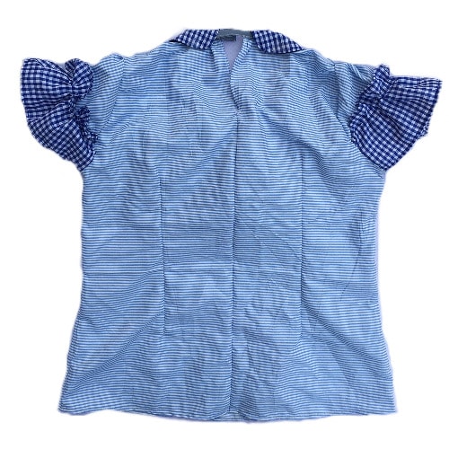 Ladies Stripe Top With Plaid Check Ruffles And Collar - Blue And White