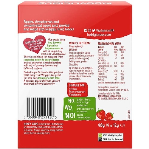 Kiddylicious Strawberry Fruit Wriggles - 4 Yummy Bags - 4 X 12g