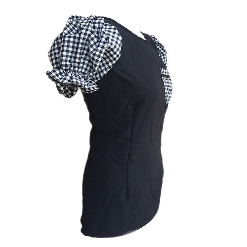 Black Top With Puffy Checkered Plaid Short Sleeve And Pocket - Black And White Top