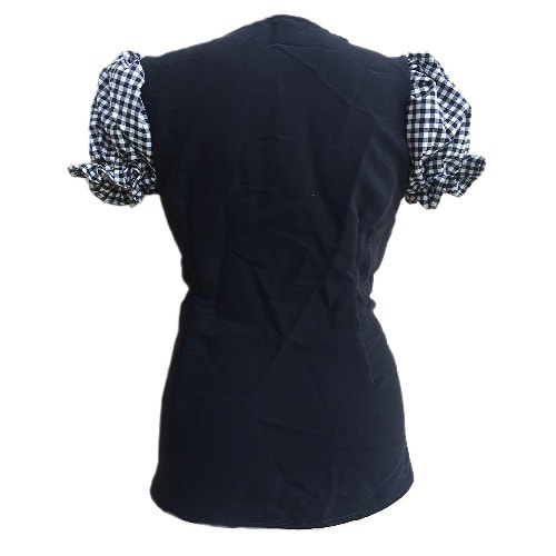 Black Top With Puffy Checkered Plaid Short Sleeve And Pocket - Black And White Top