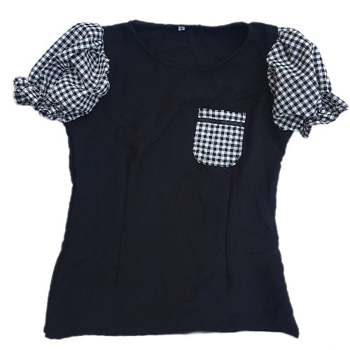 Black Top With Puffy Checkered Plaid Short Sleeve And Pocket - Black And White Top