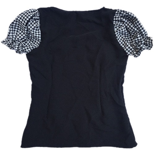 Black Top With Puffy Checkered Plaid Short Sleeve And Pocket - Black And White Top