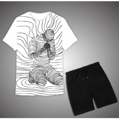 Round Neck Contour Design T-Shirt & Short - White & Black