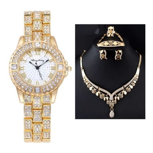 Ice Rhinestone Women Wrist Watch And Jewelry Set- Gold