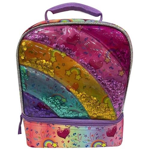 Kids Novelty Rainbow Dual Compartment Insulated School Drop Bottom Lunch Box Bag