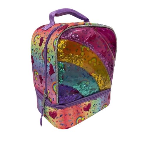 Kids Novelty Rainbow Dual Compartment Insulated School Drop Bottom Lunch Box Bag