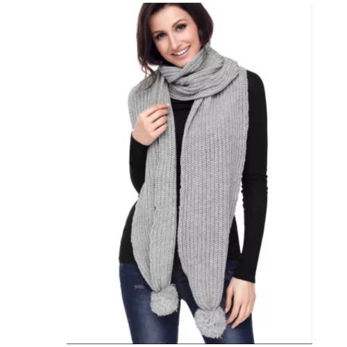Pom Pom Ribbed Knit Scarf - Grey - 200cm X 22cm