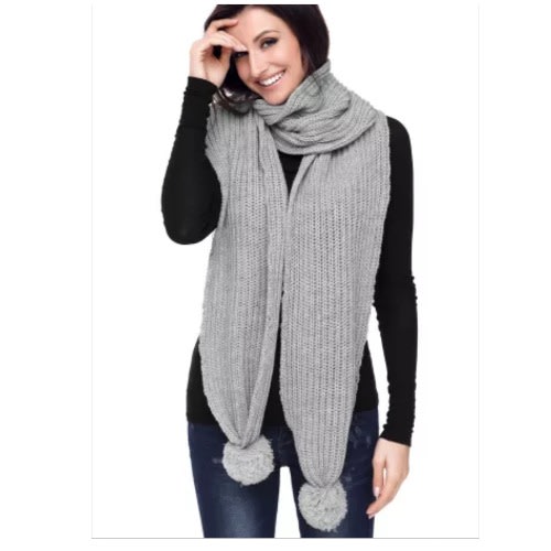 Pom Pom Ribbed Knit Scarf - Grey - 200cm X 22cm