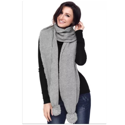 Pom Pom Ribbed Knit Scarf - Grey - 200cm X 22cm