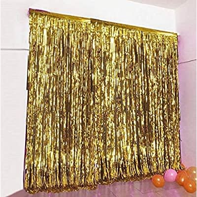 Photo Booth Backdrop Metallic Tinsel Foil Fringe Curtains-Gold