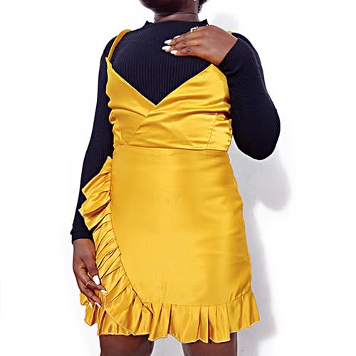 Pleated Satin Midi Dress - Yellow