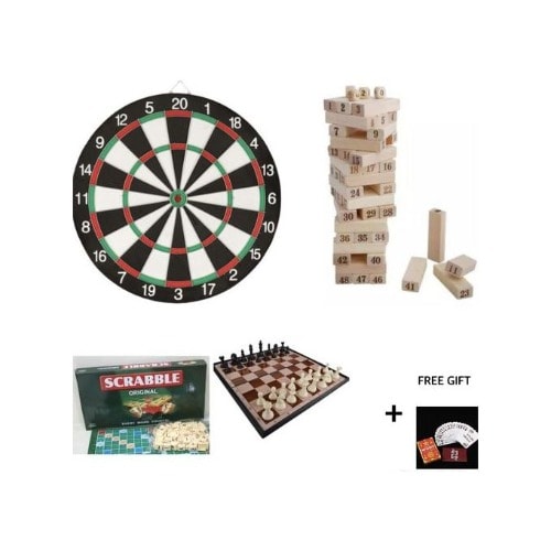 4 In 1 Board Games - Dart Scrabble Chess & Jenga + Free Whot