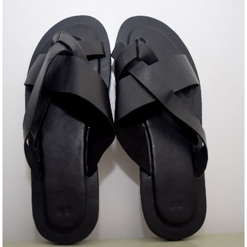 Men Simple Crossed Leather Pam Slippers- Black