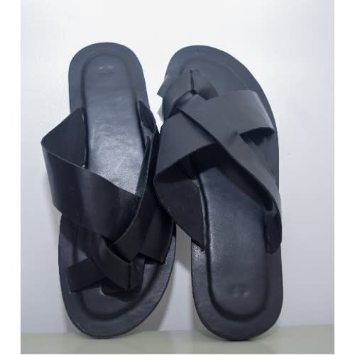 Men Simple Crossed Leather Pam Slippers- Black
