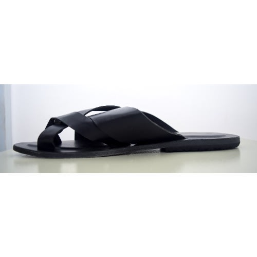 Men Simple Crossed Leather Pam Slippers- Black