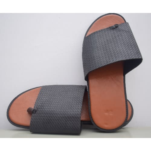 Men's Basket Patterned Leather Pam Slippers- Black