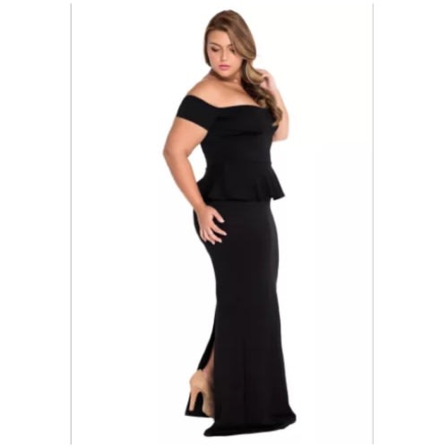 Women's Peplum Maxi Dress With Drop Shoulder - Black