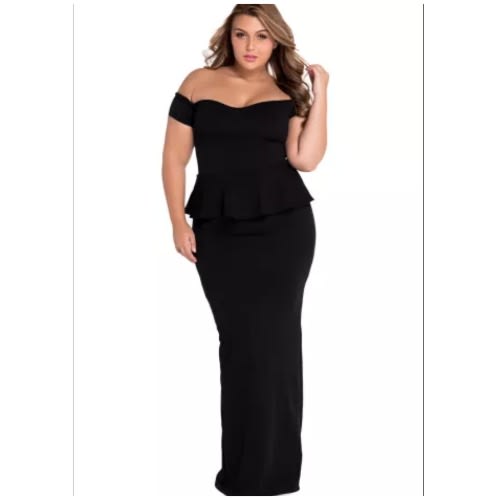 Women's Peplum Maxi Dress With Drop Shoulder - Black