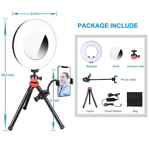 9 inches LED Ring Light With Tabletop Tripod + Phone Holder & Mirror