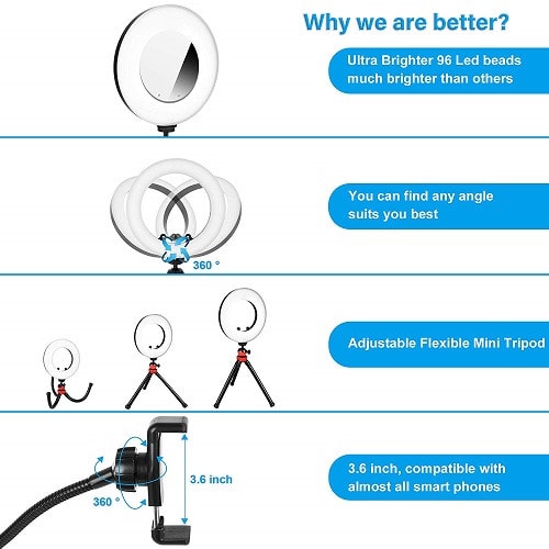 9 inches LED Ring Light With Tabletop Tripod + Phone Holder & Mirror