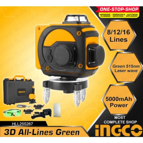 Ingco 3d All Lines 8/12/16 Lines Green Laser Level 0-30m Hll255267 With Tripod