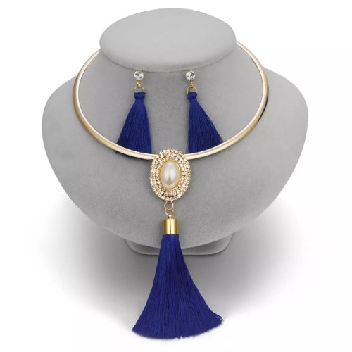Tassel Necklace & Earrings Jewelry Set - Blue