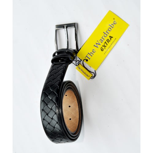 Men Leather Checked Designed Belt-mb-9656 - Black- Size-110/44 Cm