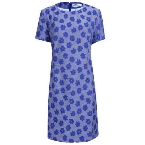 Floral Plated Ladies Short Sleeve Midi Gown - Blue & White - Lg-5022