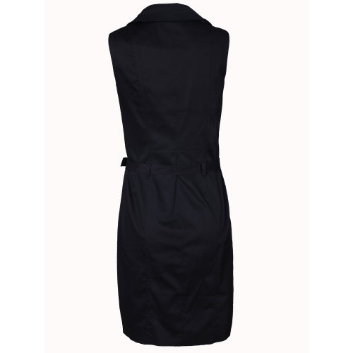 Sleeveless Colar Button Down Frills Ladies Dress With Belt - Black - Lg--5079