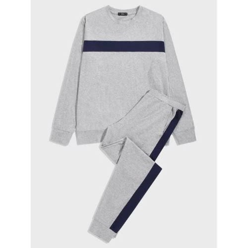 Unisex Pattern Joggers And Sweatshirt- Ash/navy Blue