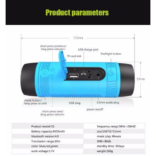 S1 Bluetooth Speaker & Flashlight - Blue