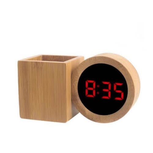 Wooden Digital Alarm Clock With Pen Holder