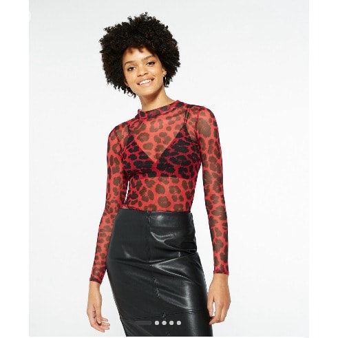 Leopard Print Mesh High Neck Top - Red