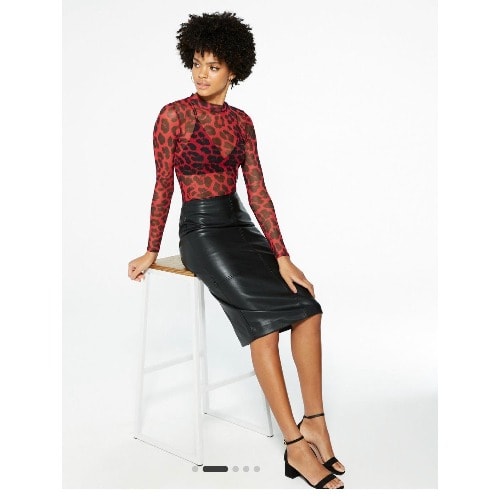 Leopard Print Mesh High Neck Top - Red