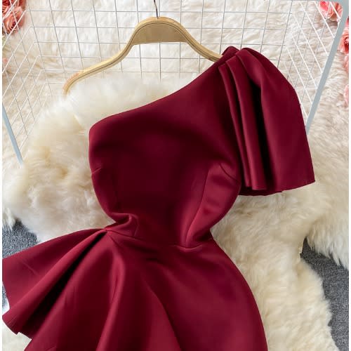 Mono Asymmetric Ruched Dress - Wine
