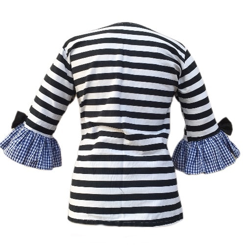 Black And White Stripe Top With Ruffle Plaid Sleeve And Bow