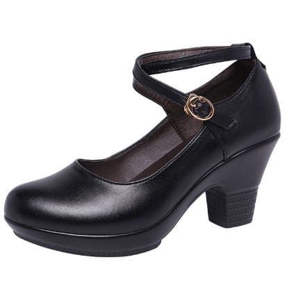 Leather Cross over Belt Mid Heel Courts Shoes