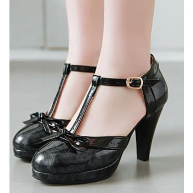 T Bar Bow Glossy Patent Leather Platform Heel Shoe - Black