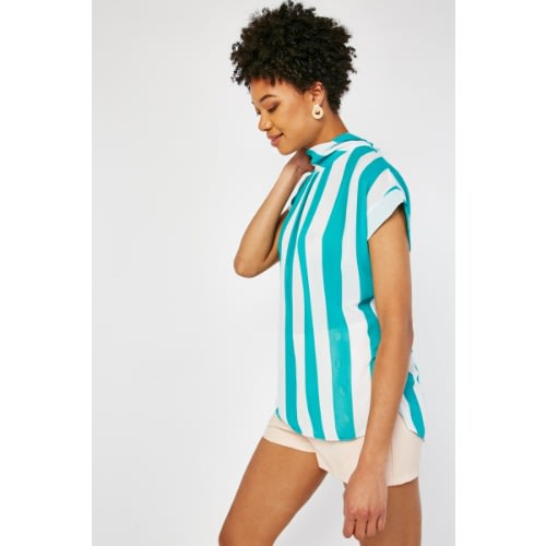 Off White/ Teal Striped Chiffon Blouse