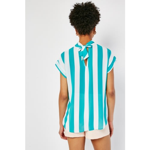 Off White/ Teal Striped Chiffon Blouse