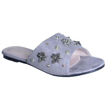 Butterfly Metal Studded Flat Slippers - Grey