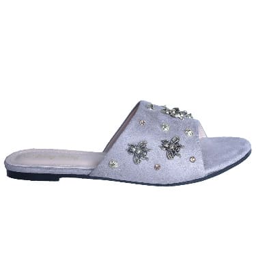 Butterfly Metal Studded Flat Slippers - Grey
